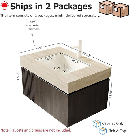 Ambrovina 30" Floating Bathroom Vanity with Sink, Wall Mounted Storage Vanities with Drawer and Door, Roma Travertine-Pattern Countertop and Ceramic Basin, Pre-Assembled Cabinet, Espresso Woodgrain