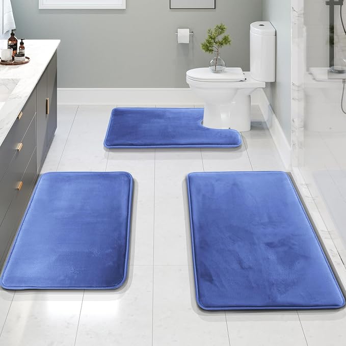 Clara Clark 3 Piece Bathroom Rugs Bath Mat Set, Velvet Memory Foam Bath Mats for Bathroom - Non-Slip, PVC Backing Bath Rugs, Washable - Dries Quickly, Blue