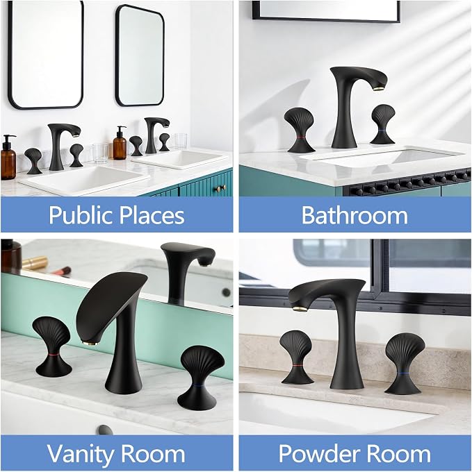 Matte Black Bathroom Faucet 3 Hole, 8 Inch Widespread Bathroom Sink Faucet for Vanity, 2 Handle Bathroom Faucets, Bathroom Vanity Faucet with Pop-Up Drain and Supply Hoses