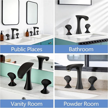 Matte Black Bathroom Faucet 3 Hole, 8 Inch Widespread Bathroom Sink Faucet for Vanity, 2 Handle Bathroom Faucets, Bathroom Vanity Faucet with Pop-Up Drain and Supply Hoses