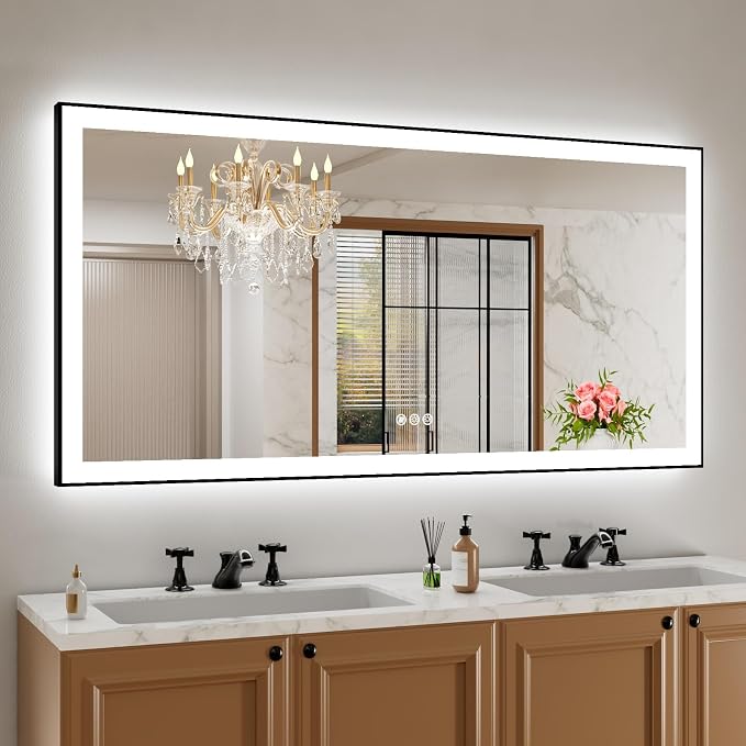 LED Bathroom Mirror, 60"x30" Frontlit&Backlit, Controlled Separately | Black Metal Frame, Stepless Dimmable, Anti-Fog, HD Reflection, Shatter-Proof, 3 Colors Lighting, Memory, UL Listed