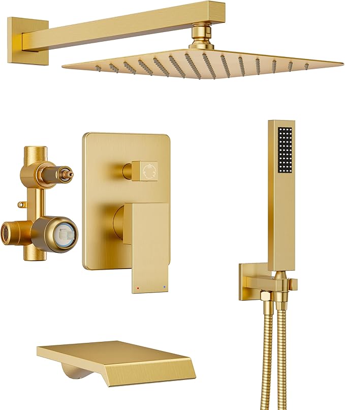 Gold Shower System with Tub Spout, All Metal Tub Shower Faucet Set with 10“ Rain Shower Head and Handheld Spray combo, Wall Mounted Tub Shower System with valve and Trim kit,Brushed Gold
