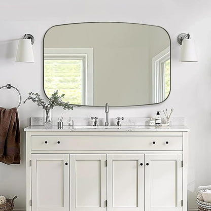32x48 Chrome Bathroom Mirror, Oblong Silver Mirror with Stainless Steel Metal Frame, Oval Vanity Mirror for Over Sink, Modern Anti Rust Wall Mounted
