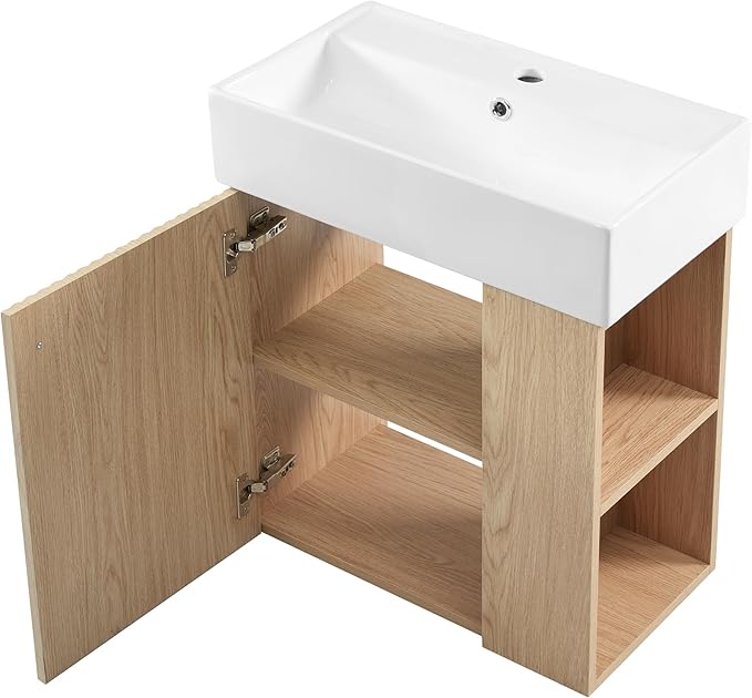 Merax 20 Inch Bathroom Vanity, Floating Sink Vanity Combo, Modern Wall Mount Bathroom Cabinet with Ceramic Integrated Sink for Small Space,Natural