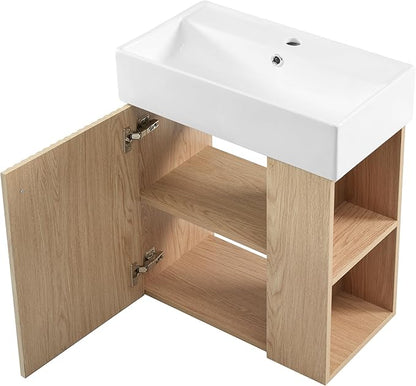 Merax 20 Inch Bathroom Vanity, Floating Sink Vanity Combo, Modern Wall Mount Bathroom Cabinet with Ceramic Integrated Sink for Small Space,Natural