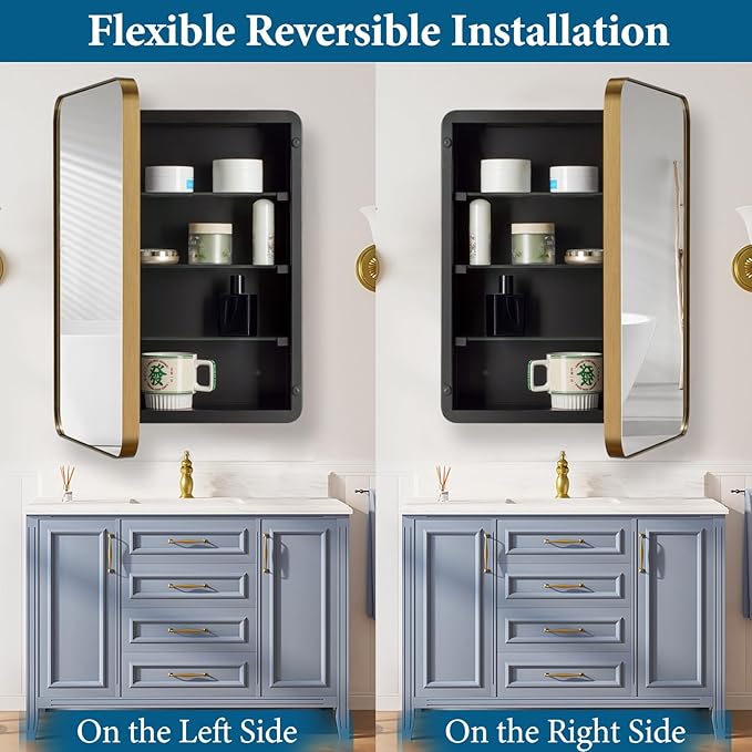 20’’x26’’ Medicine Cabinet,Metal Framed Medicine Cabinet Mirror with Round Corner,Recessed and Surface Mount Bathroom Mirror with Storage, Removeable Shelves,Gold