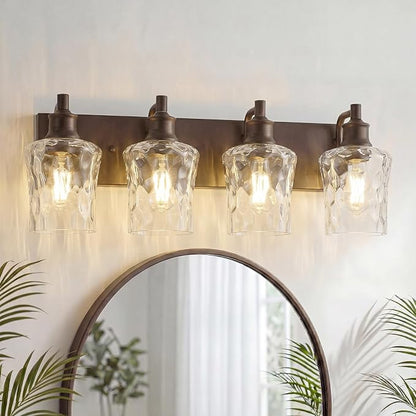 Bathroom Light Fixtures Farmhouse Oil Rubbed Bronze Vanity Lights for Bathroom Lighting Fixtures Over Mirror with Hammered Glass Lampshade for Cabinet Mirror Bedroom Hallway 4 Light