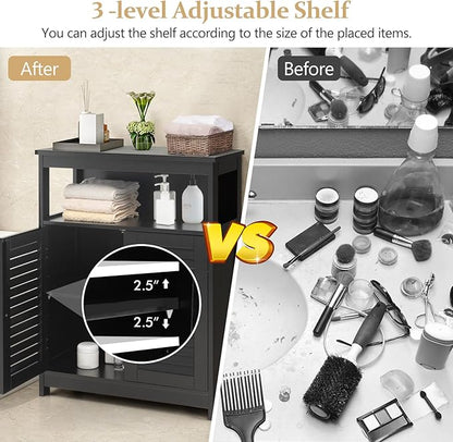 COSTWAY Bathroom Storage Cabinet, Wooden Side Storage Organizer with Louver Doors & Removable Shelf, Freestanding Floor Cabinet for Living Room, Kitchen, Entryway (Black)