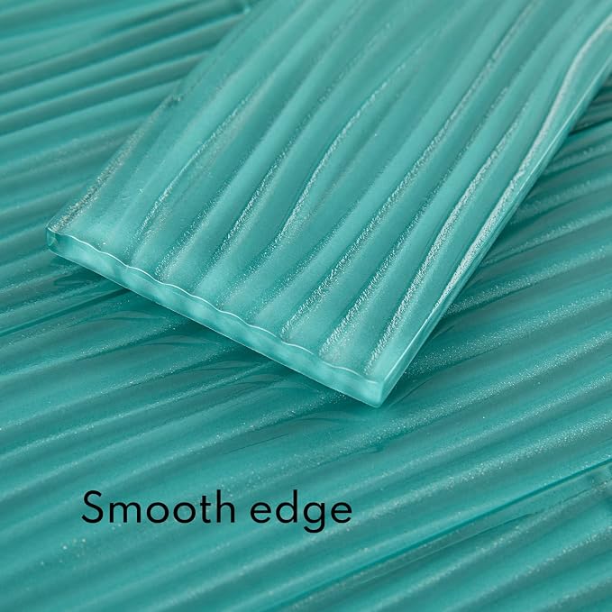 Aquamarine Water Wave Glass Subway Tile, 3 x 12 Inch, 4 Sq Ft, Backsplash for Bathroom Kitchen Wall, Green, 16-Pack
