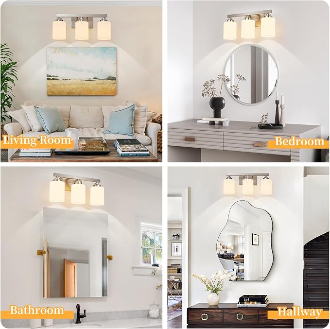 Bathroom Light Fixtures, Vanity Light Over Mirror Nickel 3-Light Fixture | Modern bathroom vanity light fixture with metal frame, ideal for mirrors, bedrooms and hallways. Fits E26 bulbs.