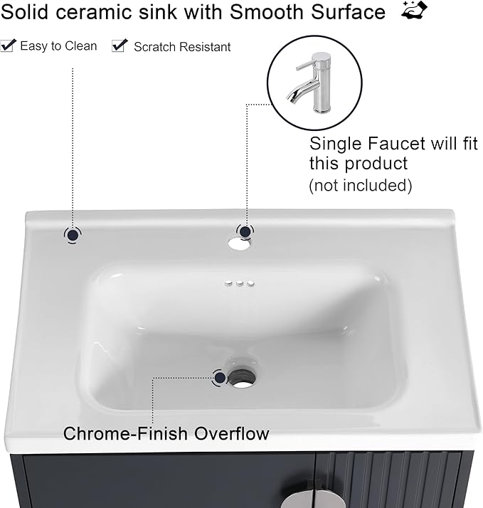 Malwee 28" Floating Bathroom Vanity with Sink, 28 Inch Single Sink Wall Mounted Bathroom Vanity, with 2 Doors and White Ceramic Basin Top, Black Cabinet Set with 3 Color Handles (081-28)