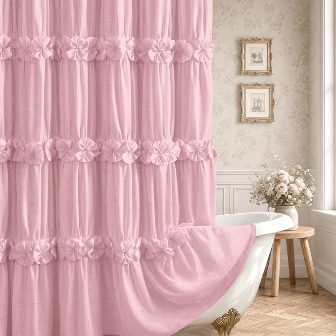Ruffle Farmhouse Linen Shower Curtain with Vintage Pink Linen 72" W x 72" H | Linen Blend Fabric, Ruffle Bow and Ruffled Hem，Linen Texture，Machine Washable，12 Metal Holes and Plastic Hooks
