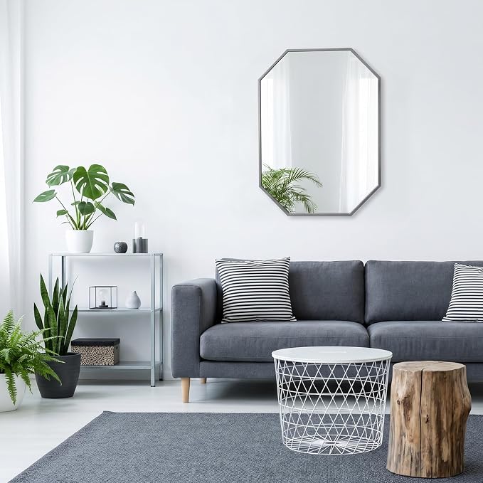 20x28 Inch Octagon Mirror for Bathroom Silver Wall Mirror Rectangle Mirror | Silver Bathroom Mirror Metal Frame Wall Mirror Decorative Rustic Accent Vanity Mirror Hanging for Over Sink Entryway