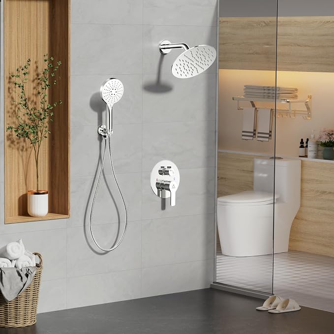 Shower Faucet Set 8IN Brass Rough-In Valve Body Trim Kit Rainfall Included Handle Accessories Complete 2 Functions with Rain Head and Handheld Bathroom Systems (8‘’, Chrome Polished)