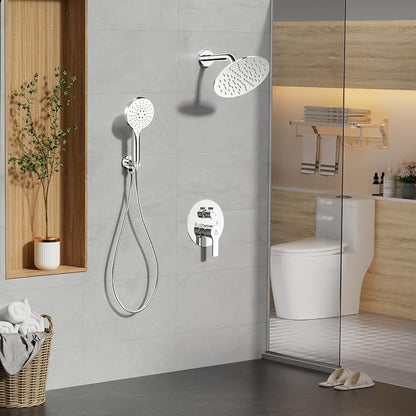 Shower Faucet Set 8IN Brass Rough-In Valve Body Trim Kit Rainfall Included Handle Accessories Complete 2 Functions with Rain Head and Handheld Bathroom Systems (8‘’, Chrome Polished)