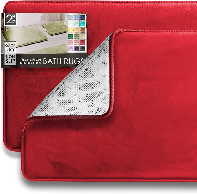 Clara Clark 2 Piece Bathroom Rugs Bath Mat Set, Velvet Memory Foam Bath Mats for Bathroom - Non-Slip, PVC Backing Bath Rugs, Washable - Dries Quickly, Burgundy