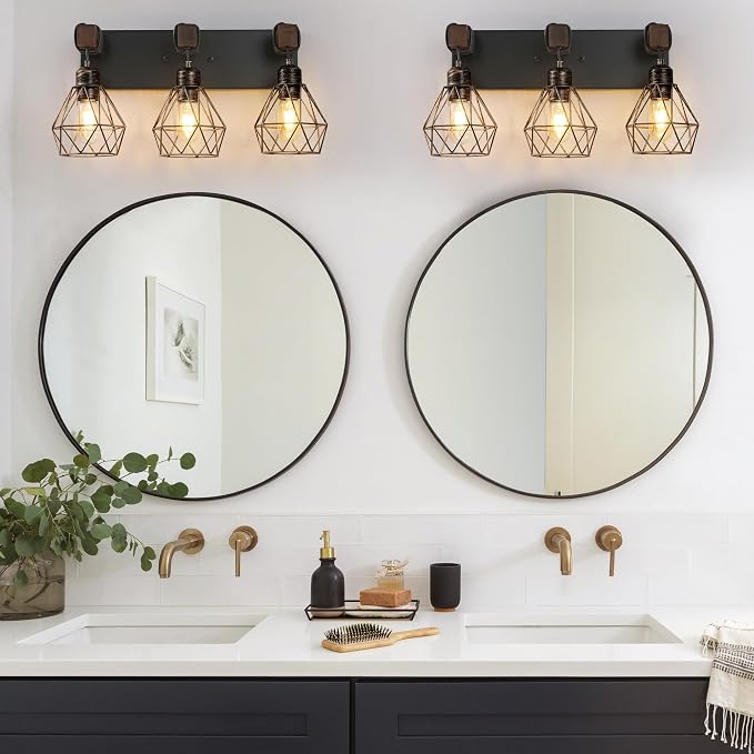 maesta Bathroom Vanity Light, 3 Light Farmhouse Fixture Over Mirror | Farmhouse Bathroom Light Fixtures, Wood & Metal, Black Gold, Anti-Rust Easy to Install for Rustic Bathroom Hallway