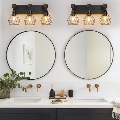 maesta Bathroom Vanity Light, 3 Light Farmhouse Fixture Over Mirror | Farmhouse Bathroom Light Fixtures, Wood & Metal, Black Gold, Anti-Rust Easy to Install for Rustic Bathroom Hallway