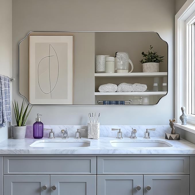 30"x55" Large Bathroom Mirror, Chrome Scalloped Mirror for Wall, Full Length Wall Mirror with Unique Notched Corner Design, Hangs Vertically or Horizontally