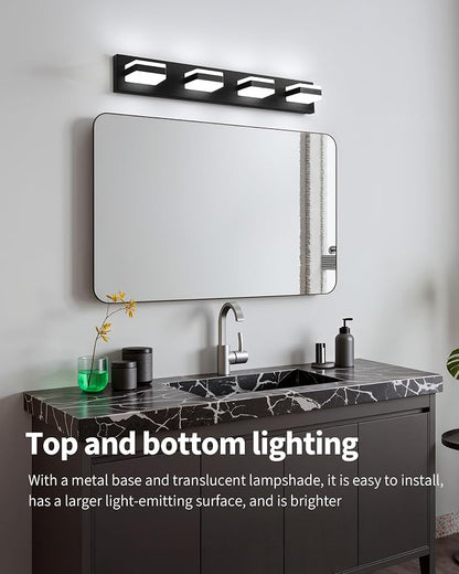 Bathroom Lighting Fixtures Over Mirror, 4 Light Black Vanity Light | Cool White, 5000K, Modern Vanity Wall Lights for Bath, Dressing Room, Restroom, 29.5 inch