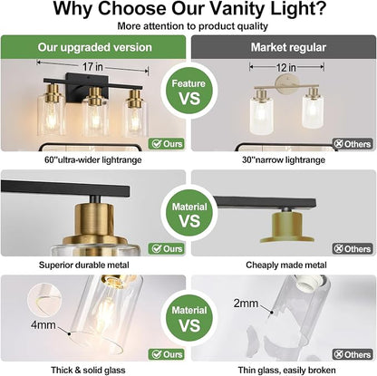 Indoi 3-Light Bathroom Light Fixtures, Black and Gold Modern Vanity Lights with Clear Glass Shades, Bathroom Wall Lamp for Mirror Living Room Cabinet Bedroom Porch