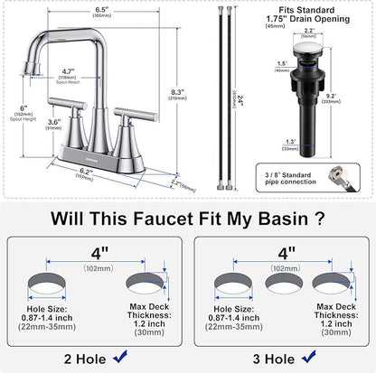 Bathroom Sink Faucet, Hurran 4 inch Chrome Bathroom Faucets for Sink 3 Hole with Pop-up Drain and Supply Hoses, 2-Handle Centerset Faucet for Bathroom Sink Vanity RV Farmhouse, 2 Pack