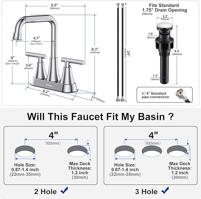 Bathroom Sink Faucet, Hurran 4 inch Chrome Bathroom Faucets for Sink 3 Hole with Pop-up Drain and Supply Lines, Stainless Steel 2-Handle Centerset Faucet for Bathroom Sink Vanity RV Restroom