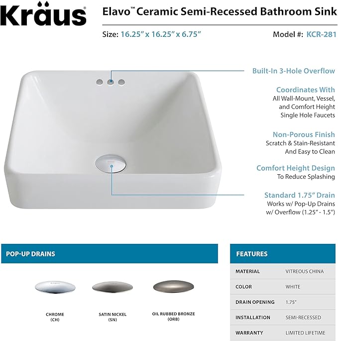 Kraus KCR-281-ORB Modern Elavo Ceramic Square Semi-Recessed Bathroom Sink with Overflow and Pop Up Drain, Oil Rubbed Bronze/White 16.25