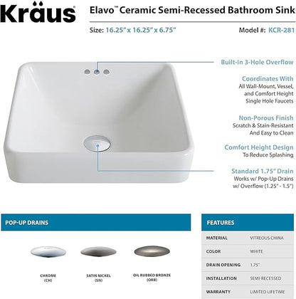Kraus KCR-281-BN Modern Elavo Ceramic Square Semi-Recessed Bathroom Sink with Overflow and Pop Up Drain, Brushed Nickel/White 16.25