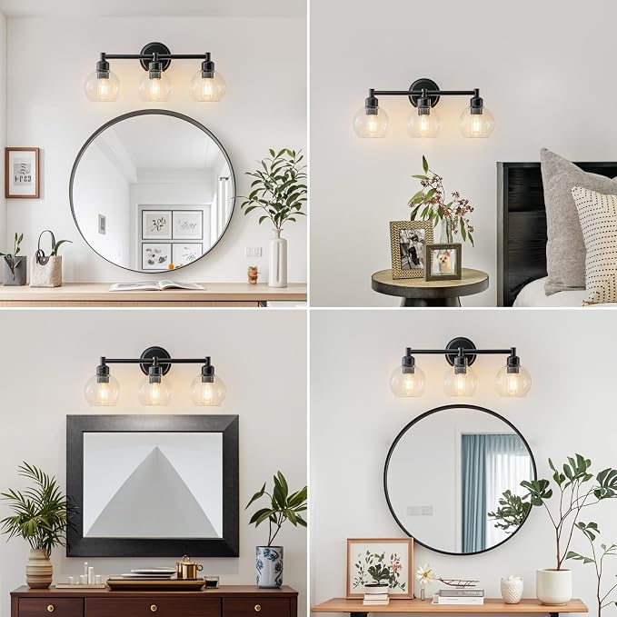 Modern Black Bathroom Vanity Lights,3-Light Matte Black Bathroom Light Fixture with Clear Glass Globe Shades, Adjustable Brightness Vanity Lighting fixtures for Kitchen,Bedroom,Hallway