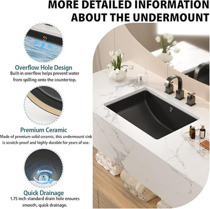 Black Ceramic 22"x15" Undermount Bathroom Lavatory Sink | Rectangle under counter black bathroom vessel sink for bathroom