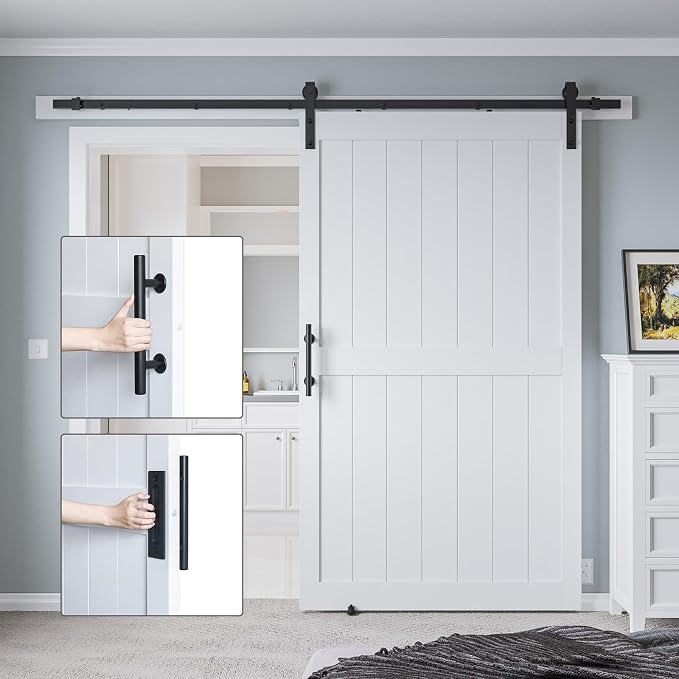 48in x 80in MDF Sliding Barn Door with 8ft Barn Door Hardware Kit & Handle | White Solid Barn Door Slab Covered with Water-Proof PVC Surface, Pre-Drilled Holes Easy Assembly, H-Frame