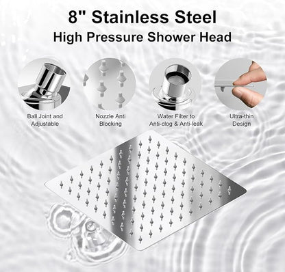 Shower Head with Handheld Spray, 8" High Pressure Rain Shower Head Combo with Adjustable Extension Arm, 5 Spray Modes Dual Showerhead Set, Detachable Handheld Shower, 304 Stainless Steel, Chrome