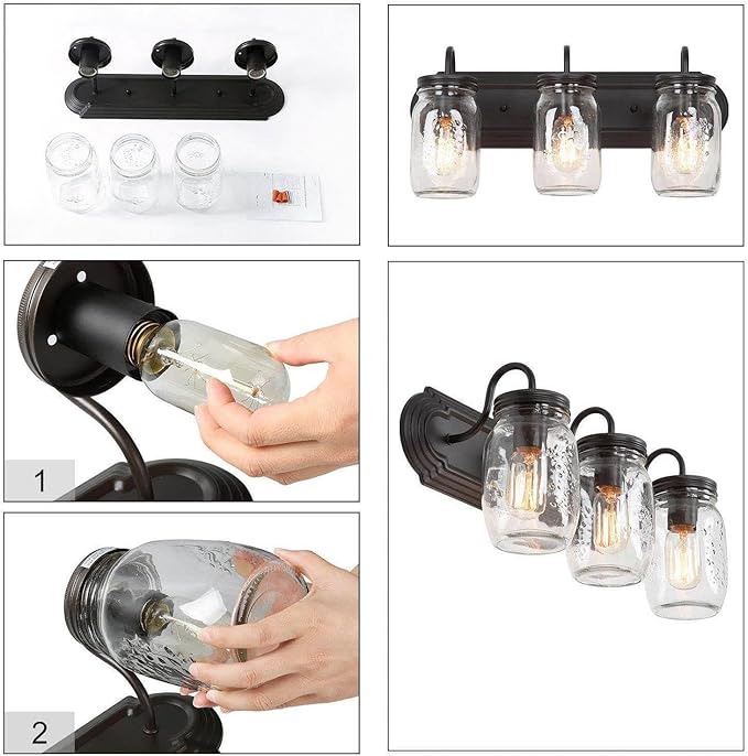 LALUZ Bathroom Vanity Light Fixtures, 3-Light Black Mason Jar Vanity Lights for Bathroom, 19'' Farmhouse Bathroom Lights Over Mirror