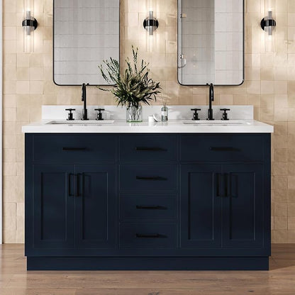 DKB Isabella 60" Midnight Blue Double Bathroom Vanity with Sink, 1.5" Pure White Quartz Countertop, Rectangular Undermount Sinks, 4 Soft Closing Doors, 6 Dovetail Drawers