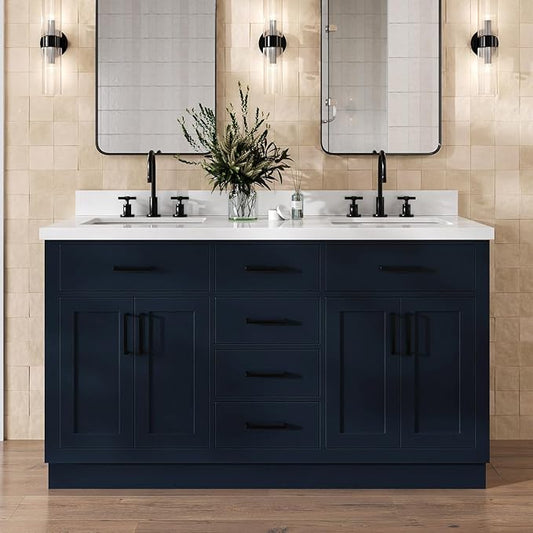 DKB Isabella 60" Midnight Blue Double Bathroom Vanity with Sink, 1.5" Pure White Quartz Countertop, Rectangular Undermount Sinks, 4 Soft Closing Doors, 6 Dovetail Drawers