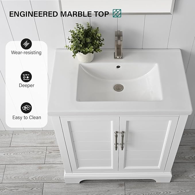 HOMEBEYOND 30 Inch Bathroom Vanity with Single Sink & Ceramic Top, Vanity Cabinet with Center Countertop Basin, Soft-Closing Doors,White