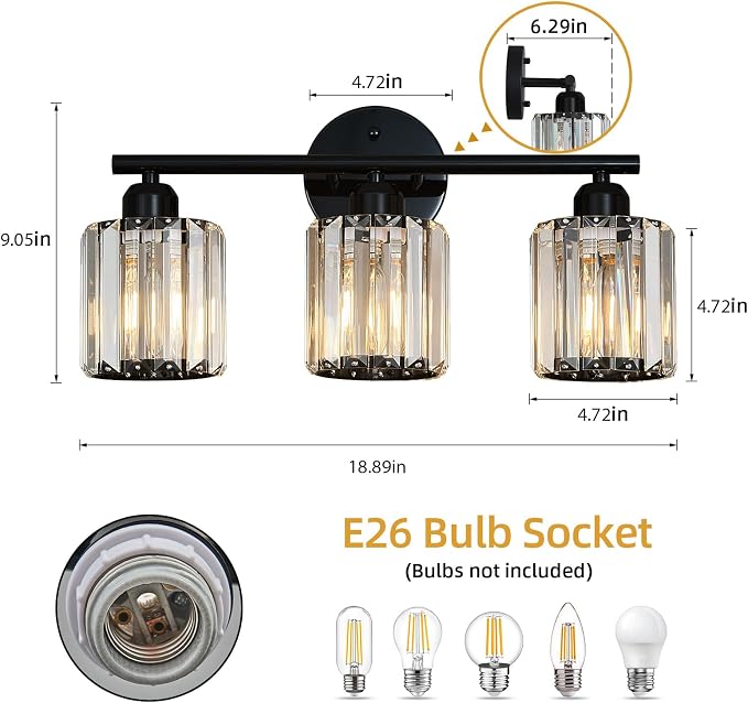 Modern 3-Light Crystal Vanity Light, High Gloss Black Bathroom Wall Light Fixtures Over Mirror for Dressing Table and Sink, Compatible with Dimmable Bulbs, Bulbs Not Included