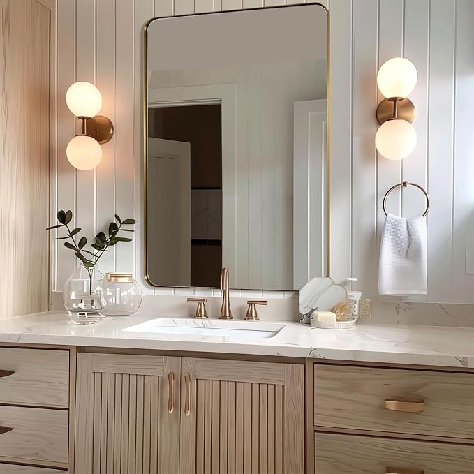 36”x48”Gold Bathroom Mirror for Wall, Brushed Brass Metal Rounded Corner Rectangle Mirror, Wall Mirror in Stainless Steel Metal Frame, 1”Deep Set Design Hangs Horizontal Or Vertical