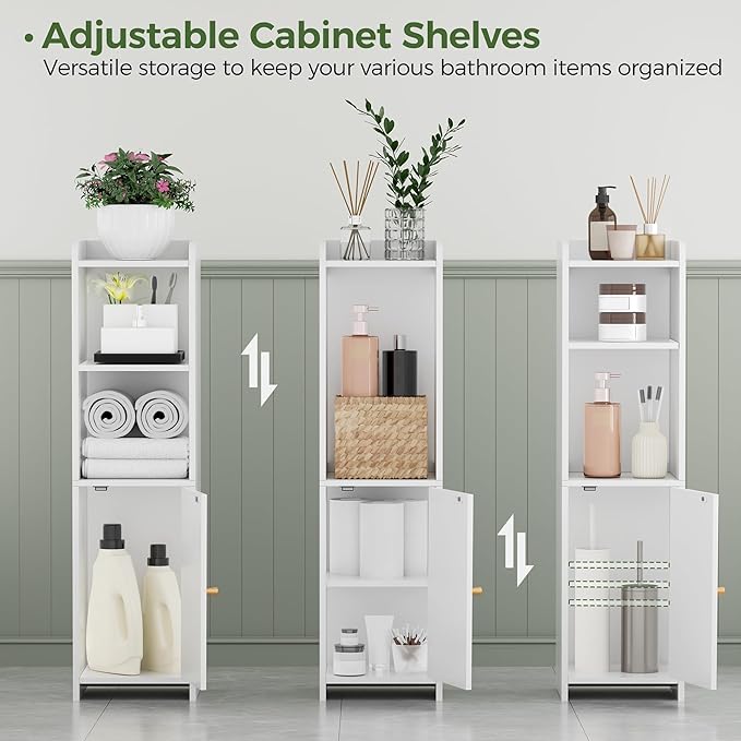 BEWISHOME Small Bathroom Cabinet, Narrow Storage Cabinet with Anti-Tip & Adjustable Shelves, Bathroom Organizers and Storage Cabinets for Small Spaces, 7.9" D x 7.9" W x 31.5" H, White YYG06W