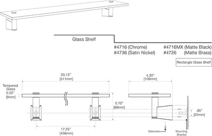 Gatco 4736 Bleu Glass Shelf, Satin Nickel/Wall Mounted 20.13" X 4.3" Tempered/Floating Rectangle Glass Shelf for Bathroom