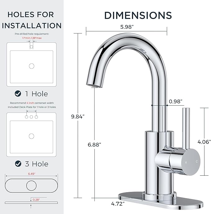 FORIOUS Single Hole Bathroom Faucets 3 Hole One Handle 360° Swivel Gooseneck Spout, Lead-Free, Suitable for Wet Bar Kitchen RV Vanity Restroom,with Pop Up Drain and Supply Line