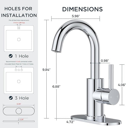 FORIOUS Single Hole Bathroom Faucets 3 Hole One Handle 360° Swivel Gooseneck Spout, Lead-Free, Suitable for Wet Bar Kitchen RV Vanity Restroom,with Pop Up Drain and Supply Line