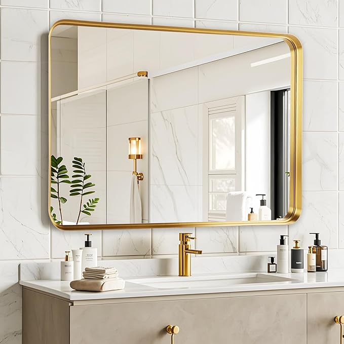 Fabuday Gold Bathroom Mirror 40x30 Inch - Large Brushed Metal Frame Mirror Over Sink, Rectangular Wall Mounted Vanity Mirror for Bedroom, Living Room, Farmhouse Style, Heavy-Duty Hooks
