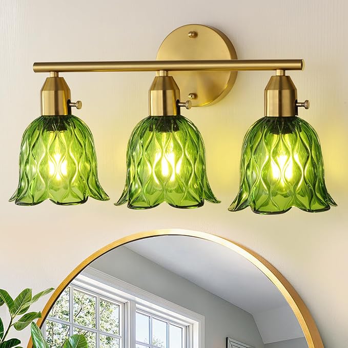 Vintage Bathroom Light Fixtures,3-Light Hardwired Vanity Lights Over Mirror, Brass Wall Lights with Green Tulip Glass Shade for Bathroom Stairway Bedroom Living Room(Bulbs Not Included,E26 Socket)