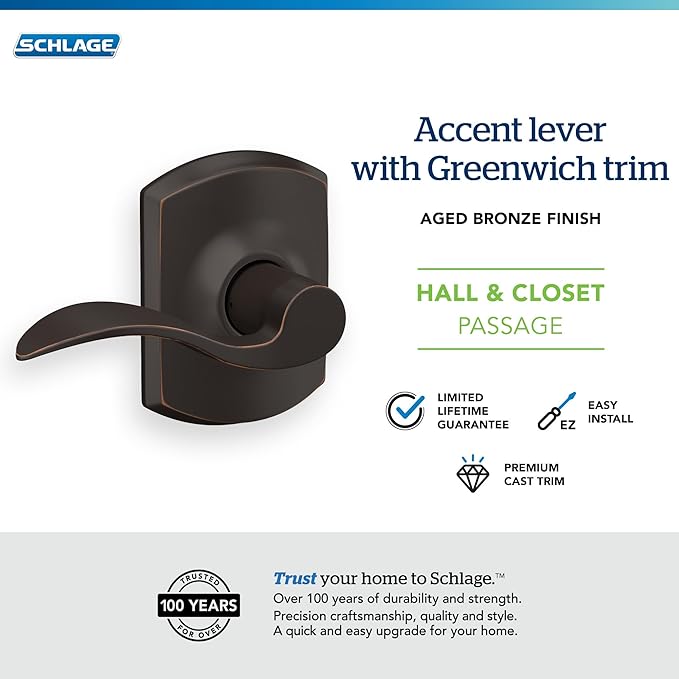 SCHLAGE Accent Lever with Greenwich Trim Hall and Closet Lock in Aged Bronze