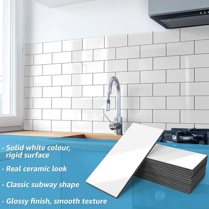 Art3d 102-Pack Peel and Stick Backsplash on Subway Tile, Glossy White | 3 x 6 in, PVC, Self Adhesive, Waterproof, Traceless Peel, Modular Splicing, Ideal for Vanities, Bathrooms