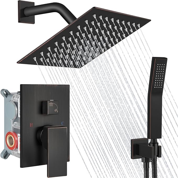 Midanya Shower Faucet Set,Wall Mount Shower System with Square Rain Shower Head and Hand Sprayer, Rough-in Valve Body and Trim Kit Included,8 Inch,Oil Rubbed Bronze