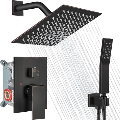 Midanya Shower Faucet Set,Wall Mount Shower System with Square Rain Shower Head and Hand Sprayer, Rough-in Valve Body and Trim Kit Included,8 Inch,Oil Rubbed Bronze