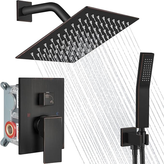 Midanya Shower Faucet Set,Wall Mount Shower System with Square Rain Shower Head and Hand Sprayer, Rough-in Valve Body and Trim Kit Included,8 Inch,Oil Rubbed Bronze